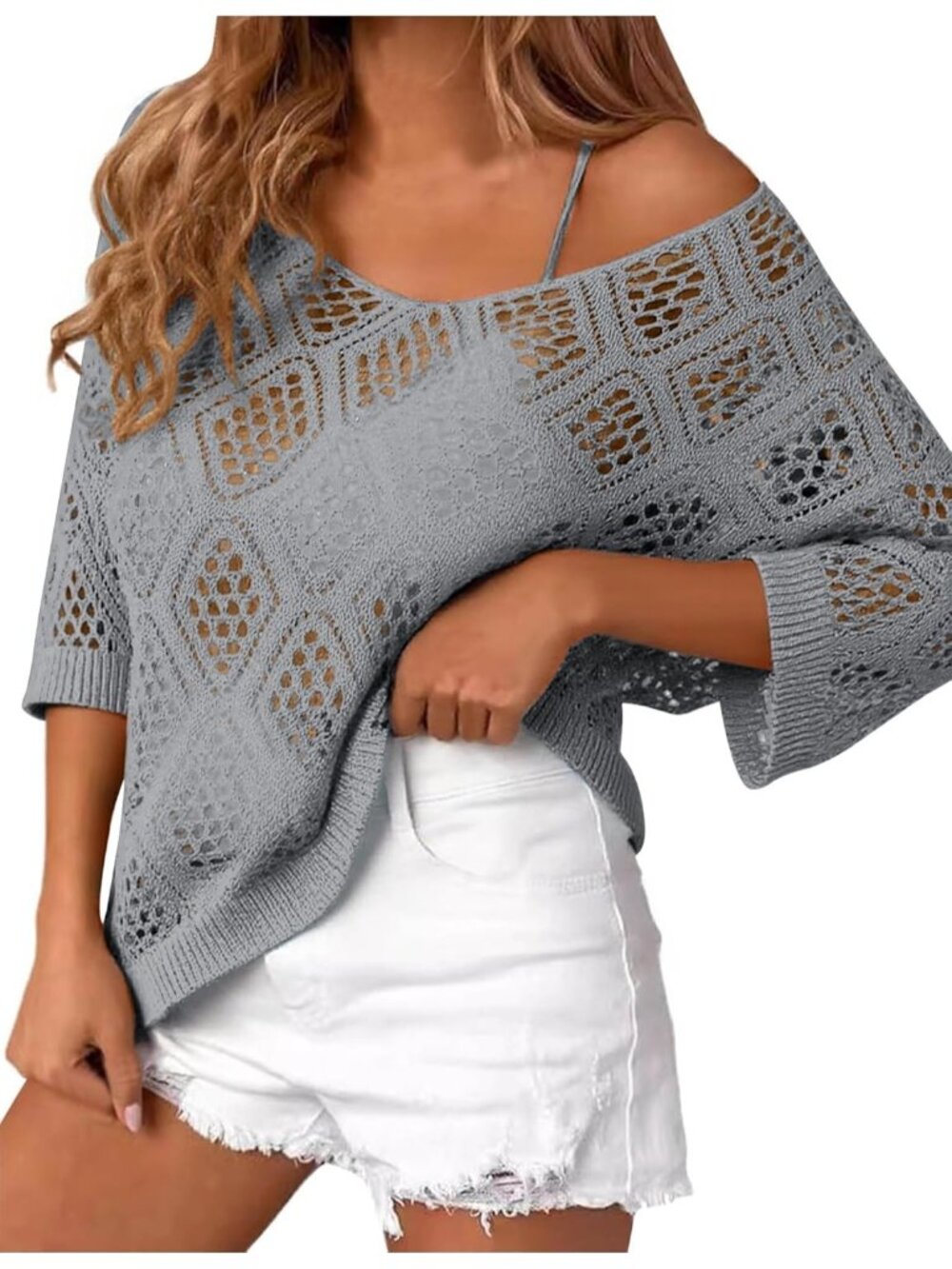 🆕Women's Light Grey Sleeve Crochet Tops Summer V Neck Beach Cover Ups Casual